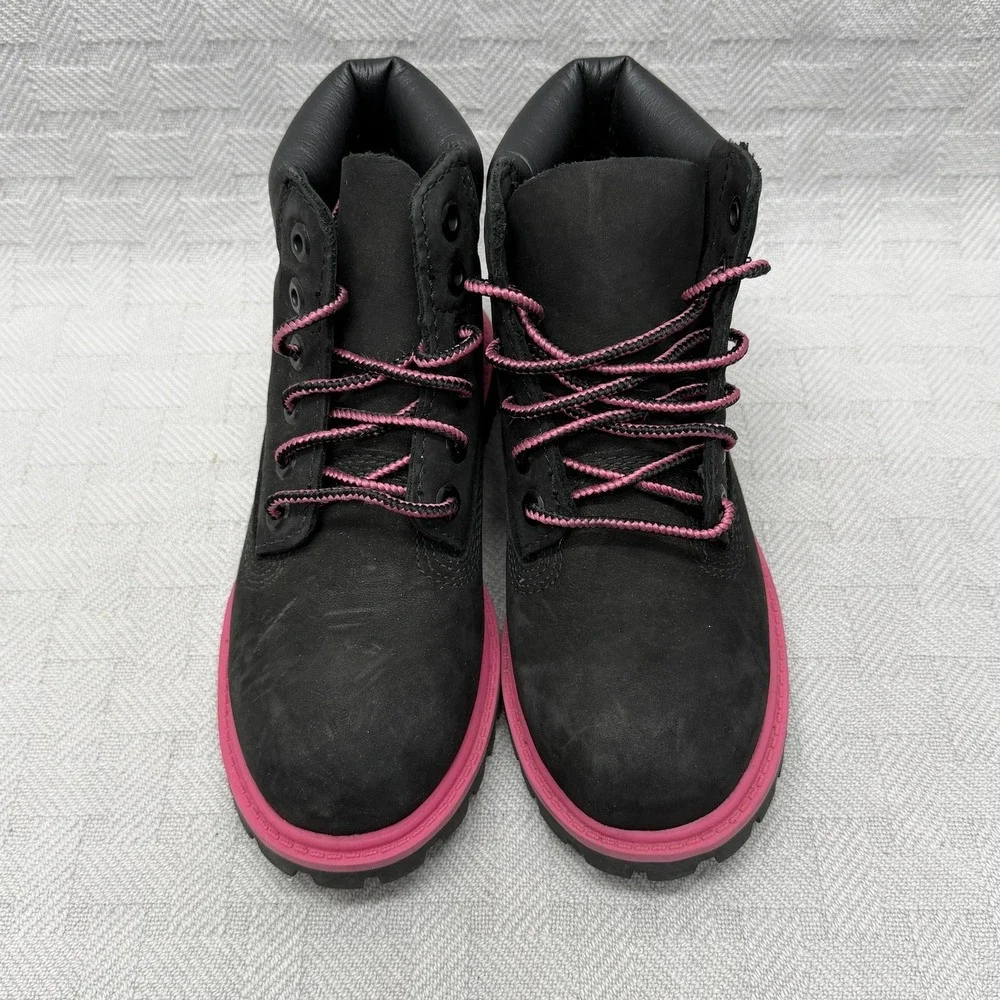 Timberland Combat Boots Girls Size 12 Black Pink Waterproof Nubuck‎ Hearts A15M9